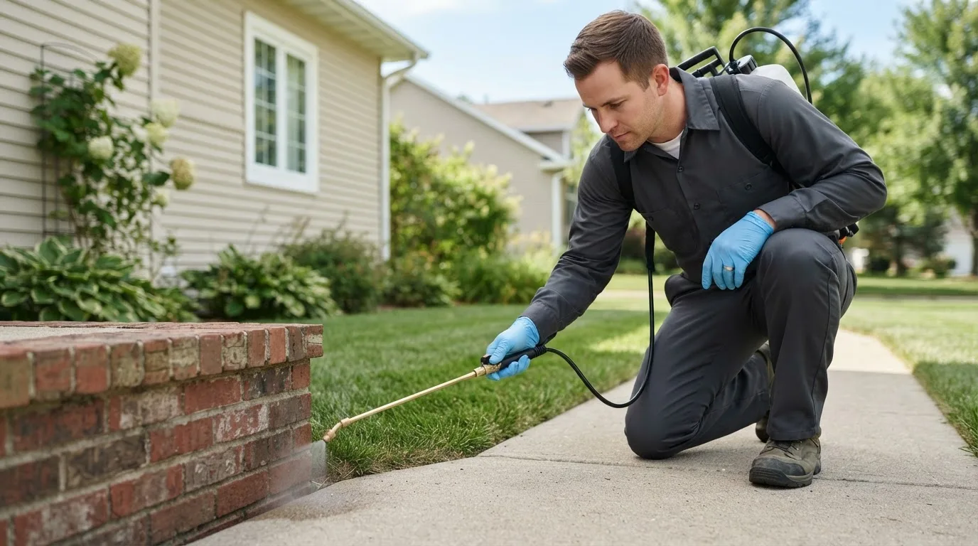 Pest control technician treating a home near Blue Point, NY